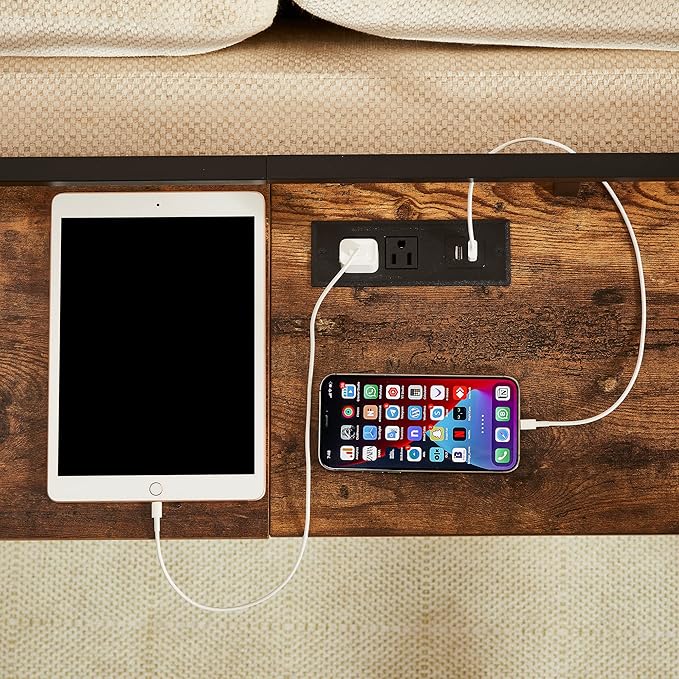 VECELO 71 Inch Console Table with 2 Outlet and 2 USB Ports, Entryway Furniture with 9.8 Feet Long Power Cord, Baffle and Rest Rails, Sturdy and Stable, 70.9”L x 11.8”W x 31.5" H, Brown