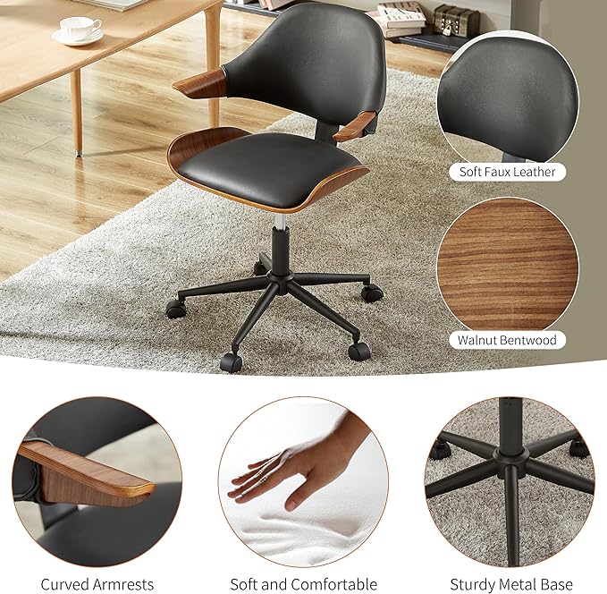 Art Leon Swivel Desk Chairs, Set of 2, Mid Century Modern Office Chairs with Wheels, Faux Leather Upholstered Armchairs, Adjustable Height Task Chairs with Metal Base, Walnut Bentwood, Black