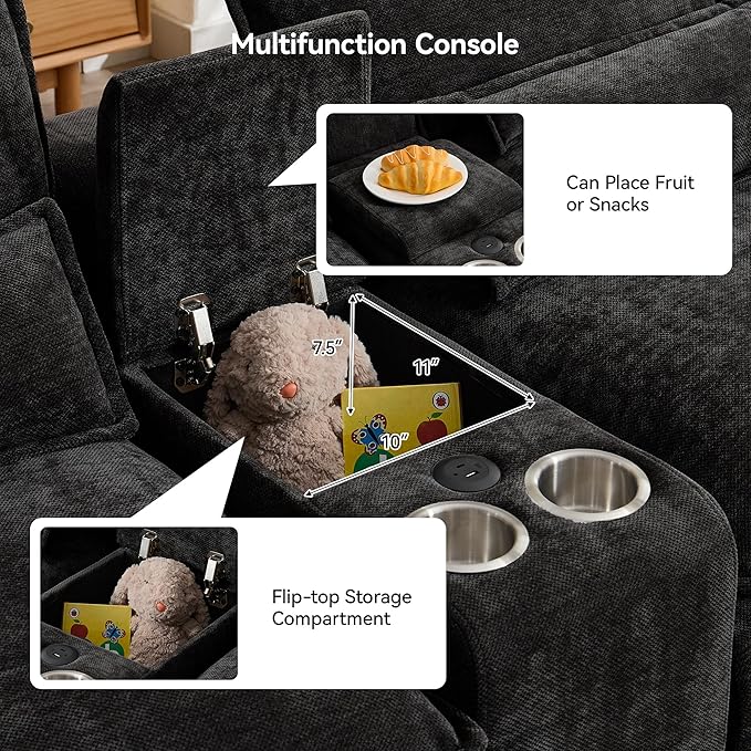 U Shaped Sectional Sofa with Storage Console, Cup Holders & USB Ports, Small Modular Cloud Couch with Deep Seats, Modern Comfy Living Room Sofa for Apartment, Chenille Black