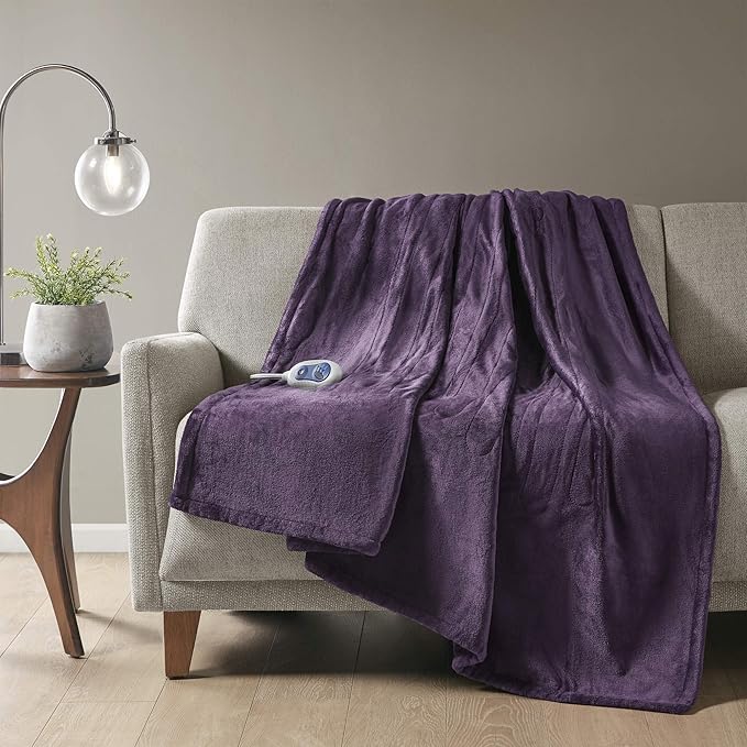 Beautyrest Heated Electric Blanket for Cold Weather, Fast Heating Heated Blanket, Auto Shut Off, Virtually Zero EMF, Multi Heat Setting, UL Certified, Purple Throw (60 inx70 in)