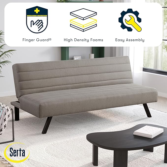 Serta® Damien 66.1" Convertible Futon Sofa, Dreamcoil® Comfort, FingerGuard® Pinch Point Protection, Woven Polyester Fabric, Taupe
