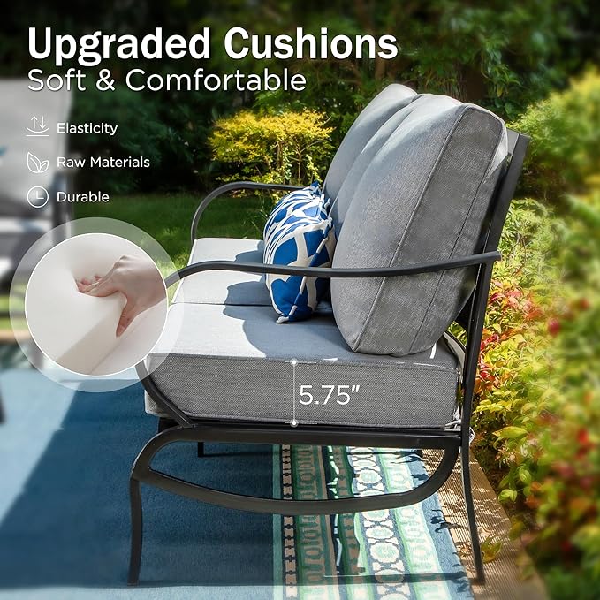 PHI VILLA 5 Piece Patio Furniture Set with 28" Firepit Table, 4 Outdoor 5.75" Cushioned Metal Frame Swivel Sofa Chairs & 28" Gas Firepit Table, Outside Furniture Set for Lawn Garden(Grey)