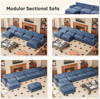 Furniwell Modular Sectional Sofa with Moveable Ottoman, Oversized 3-Seater Couch with Supportive Backrest, Chenille Convertible Sofa Couches for Living Room/Apartment (Blue, U Shaped)