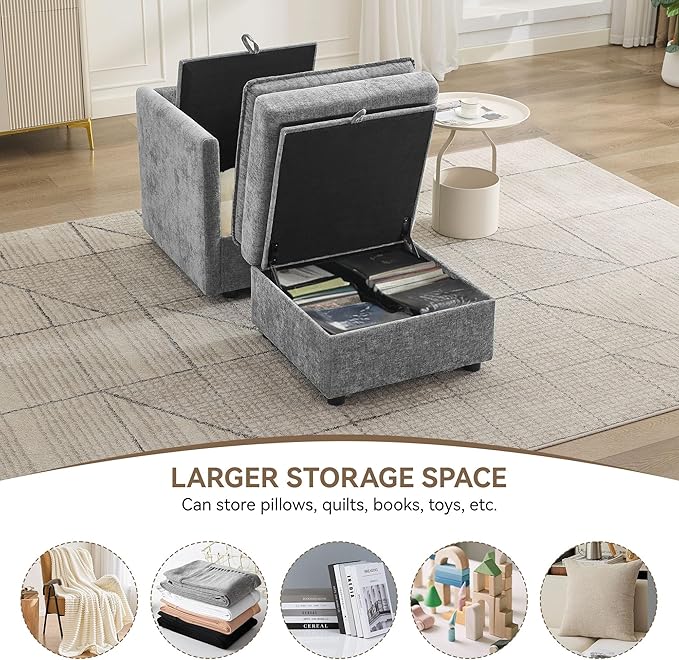 30" Cloud Modular Single Sofa Chair with Storage Ottoman, Modern Upholstered Accent Chair with Storage, Chenille Reading Lounge Armchair for Living Room, Bedroom, Small Space, Light Grey
