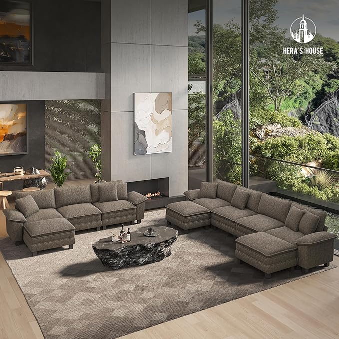 HERA'S HOUSE 124" Modular Sectional Sofa, Oversized U Shaped Couches for Living Room, Comfy Cloud Couch with Ottoman, 5-Seater Deep Seat Sofa with Throw Pillow, Chenille Ash