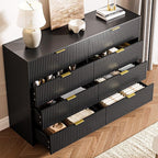 3-Piece Dresser Bedroom Set, 8 Drawer Dresser & 3 Drawer Nightstands with Gold Handles, Fluted Wood Chest of Drawers for Bedroom, Living Room, Entryway, Black
