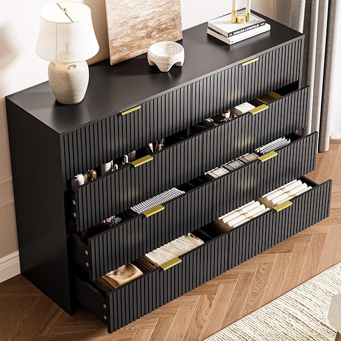 3-Piece Dresser Bedroom Set, 8 Drawer Dresser & 3 Drawer Nightstands with Gold Handles, Fluted Wood Chest of Drawers for Bedroom, Living Room, Entryway, Black