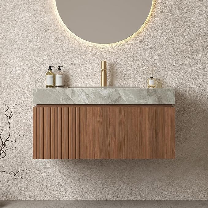 Bathroom Vanity with Sink 36 Inch, Floating Bathroom Vanity Sink Cabinet with Drawer and Door, Undermount Sink & Light Gray Sintered Stone Top, Pre-Assembled, Espresso