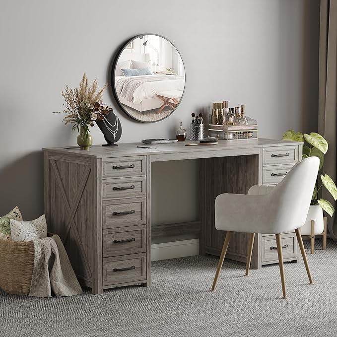 WOPITUES 60" Farmhouse Home Office Desk with 10 Wooden Drawers, Rustic Computer Writing Desk with Power Outlets, Large Executive Desk with Storage Cabinet for Work Study Writing Craft, Wood Grain Gray