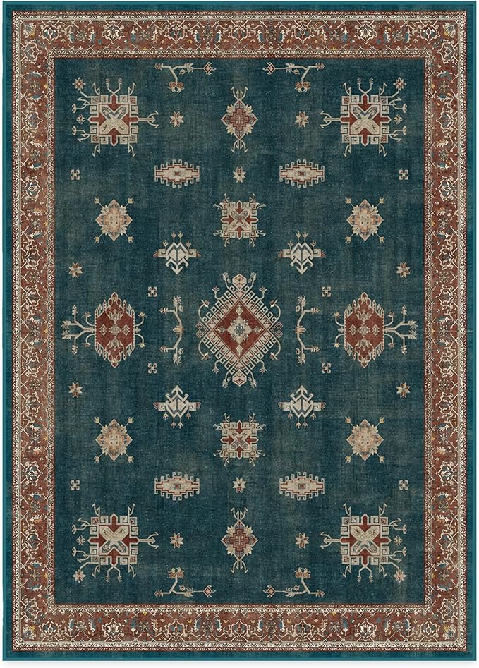 RUGGABLE Washable Vintage Area Rug – Verena Teal Blue 10x14, Stain-Resistant, Non-Slip – Large Machine Washable Rugs for Living Room, Bedroom, Hallway, Entryway & Office–with Standard Pad