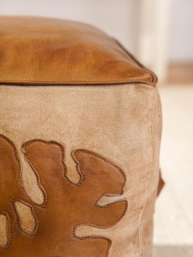 Handmade Eco-Friendly Solid Leather Pouf Brown Color Sqaure 20" x 20" x 20" Pouf for Living Room, Bedroom Seating, Patio