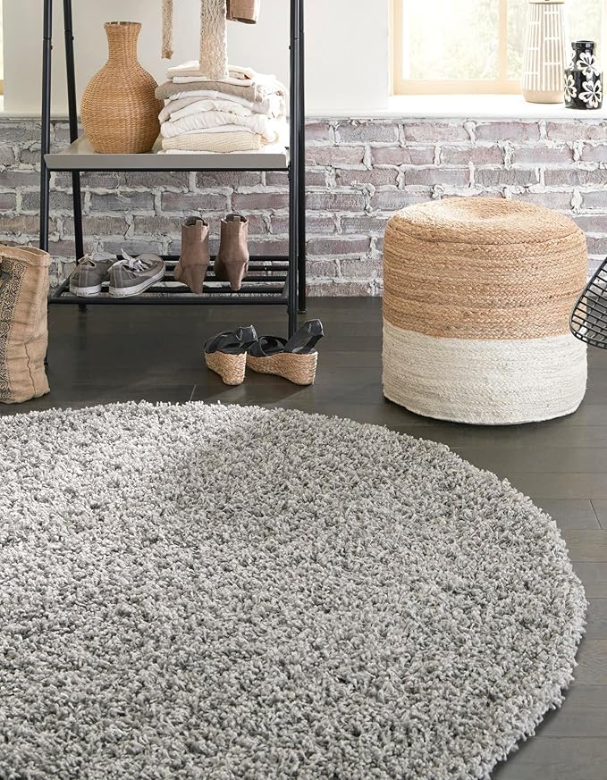 Unique Loom Solid Shag Collection Area Rug (10' 2" Round, Cloud Gray)