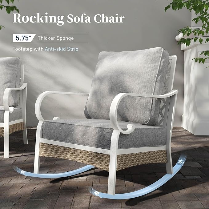 5 PCS Metal Outdoor Patio Furniture Set, Patio Conversations Sets 3-Seater Couch, 2-Seater Sofa, 2 Rocking Sofa with 5.75" Thick Cushion and Coffee Table White Backyard Furniture, Gray