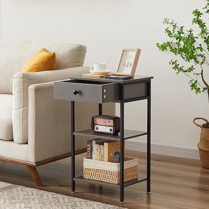 VECELO Tall End Side Table,Nightstand with Adjustable Shelf and Bin Drawer for Living Room/Bedroom/Entryway Small Spaces