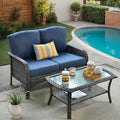 2 Pieces Wicker Patio Furniture Loveseat with Table - Outdoor Rattan Patio Bistro Set of 2,All-Weather PE Wicker Conversation Sofa High Back Deep Seating for Deck Porch Yard,Blue