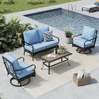MFSTUDIO 4 Pieces Outdoor Patio Furniture Set, Metal Outdoor Conversation Set, Rattan Wicker Patio Sectional Sofa Set with 2 x Swivel Single Sofa, 2-Seat Sofa, 1 x Coffee Table, Blue