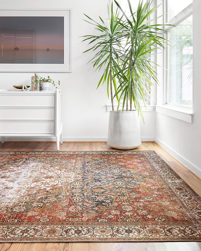 Loloi Layla Collection LAY-05 Ocean/Multi 5'-0" x 7'-6" .13" Thick Area Rug, Soft, Durable, Vintage Inspired, Distressed, Low Pile, Non-Shedding, Easy Clean, Printed, Living Room Rug