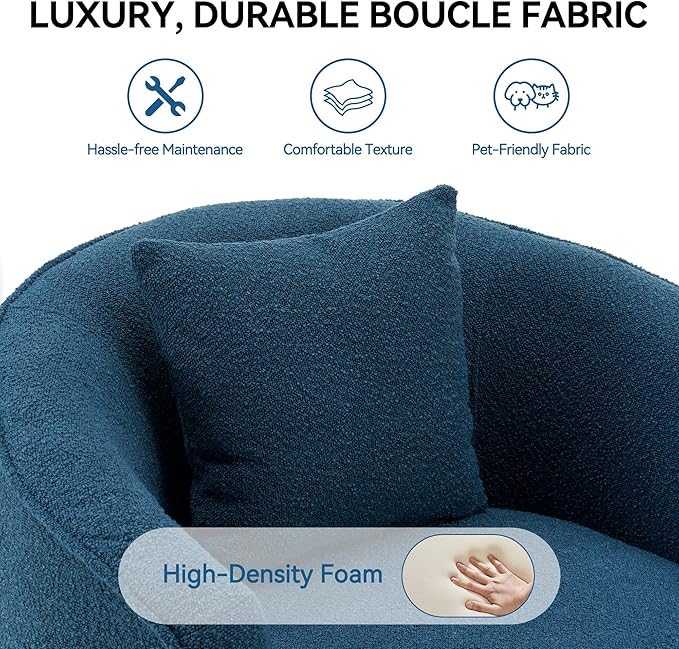 Swivel Accent Chair Set, Modern Upholstered Boucle Barrel Arm Chairs with Pillow for Living Room, 360 Degree Round Swivel Sherpa Armchair with Round Base for Bedroom Club (2, Dark Blue)