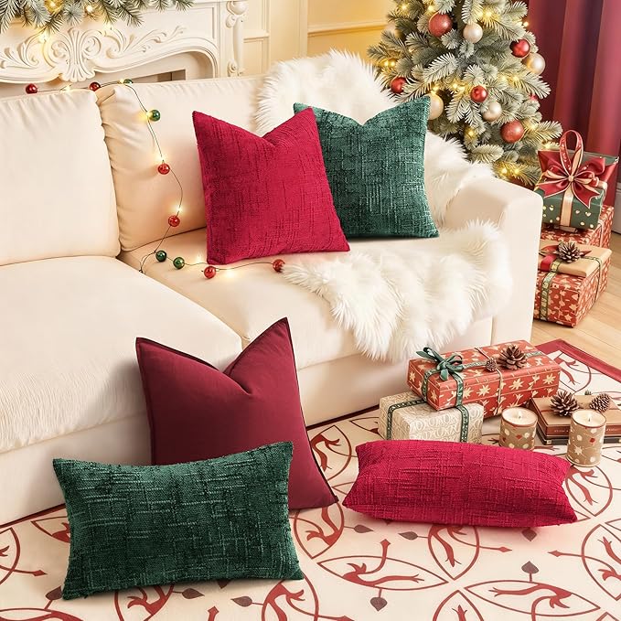 decorUhome Christmas Red Chenille Throw Pillow Covers 16x16 Set of 2 Thick Textured Slubby Couch Pillow Covers Farmhouse Accent Modern Neutral Decorative Pillow Cases for Bed Sofa Living Room