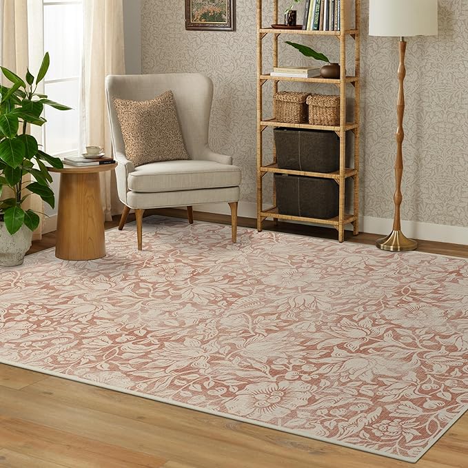 RUGGABLE x Morris & Co Washable Area Rug – Mallow Rust Red 6x9, Stain-Resistant, Non-Slip – Medium Machine Washable Rugs for Living Room, Bedroom, Hallway, Entryway & Office–with Cushioned Pad