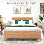 Yechen Queen Rattan Style Boho Bed Frame with Headboard and Footboard, Mid Century Modern Hand-Woven Wicker Bedframe with Vintage Pattern, Bamboo Bed with Metal Slats, No Box Spring Needed, 1000lbs