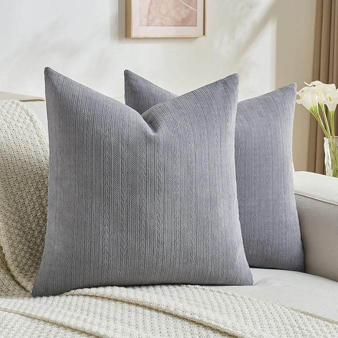 FUTEI Dark Grey Decorative Throw Pillow Covers 20x20 Inch Set of 2,Soft Cozy Wheat Ear Striped Patterns Cushion Cases,Modern Home Decor for Couch Bed Living Room