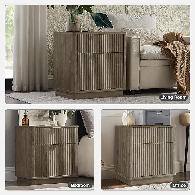 T4TREAM 23'' Fluted Nightstand Set of 2 with Charging Station, Large 2 Drawer Side Table, Modern End Table with Storage, Mid Century Bedside Table for Bedroom, Living Room, Curved Profile, Grey Alder