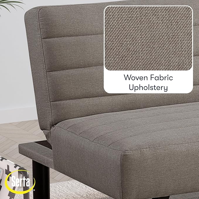 Serta® Damien 66.1" Convertible Futon Sofa, Dreamcoil® Comfort, FingerGuard® Pinch Point Protection, Woven Polyester Fabric, Taupe