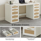 WOPITUES 60" Boho Home Office Desk with 10 Wooden Drawers, Rattan Computer Writing Desk with Power Outlets, Large Executive Desk with Storage Cabinet for Work Study Writing Craft, Wood-Grain White