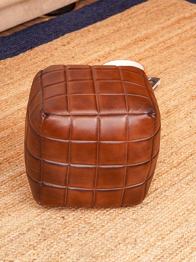 Handmade Eco-Friendly Geometric Leather Pouf Brown Color Square 14" x 14" x 14" Leather Pouf for Living Room, Bedroom Seating, Patio