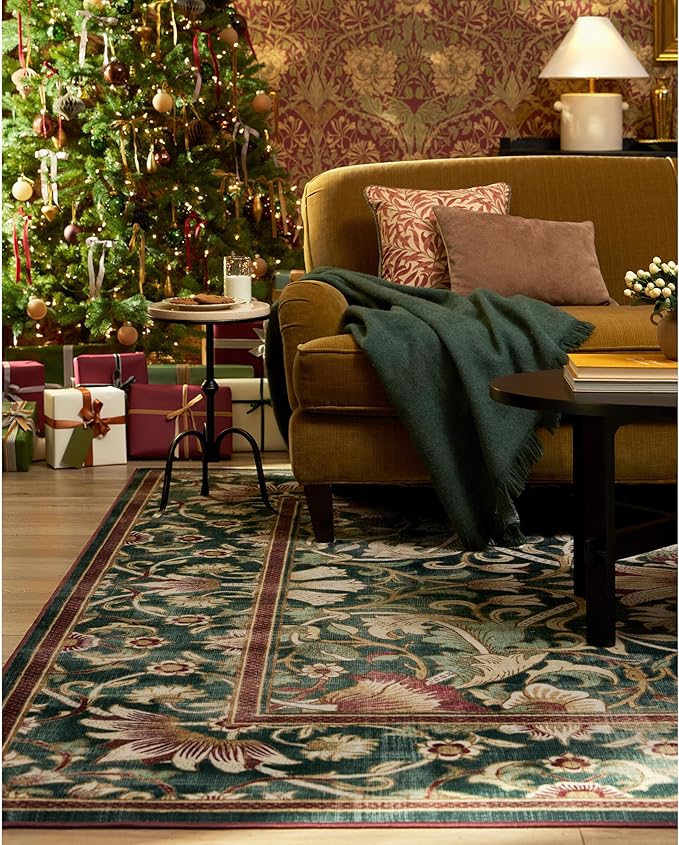 RUGGABLE x Morris & Co Machine Washable Area Rug – Lodden Soft Evergreen & Gold 2x3, Stain-Resistant, Non-Slip – Small Rugs for Living Room, Bedroom, Hallway, Entryway & Bathroom–with Cushioned Pad