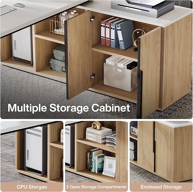 Tribesigns 74.8 Inch Executive Desk, Large Office Desk with Cabinet, L Shaped Computer Desk with Shelves and CPU Storage, Modern Home Office Desks Business Furniture Workstation Set, White and Wood
