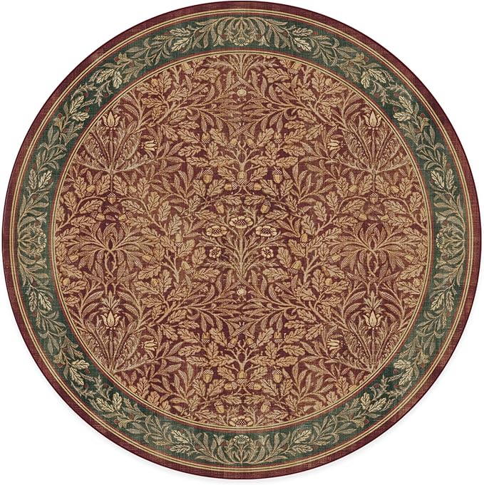 RUGGABLE x Morris & Co Machine Washable Christmas Area Rug – Acorn Amber Red 6 ft Round, Stain-Resistant, Non-Slip – Medium Rugs for Living Room, Bedroom, Hallway, Entryway & Office–with Standard Pad