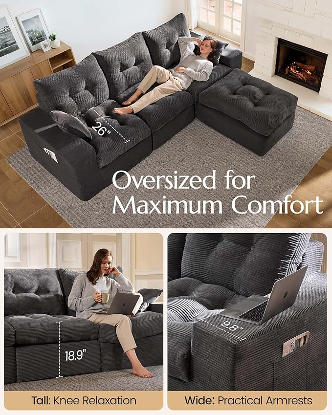 High Back Boneless Couch, Loveseat Cloud Couch with Versatile 2-Pack Pillow Blankets, Corduroy Modular Sectional Sofa, No Assemble Sectional Couches for Living Room, Dark Grey