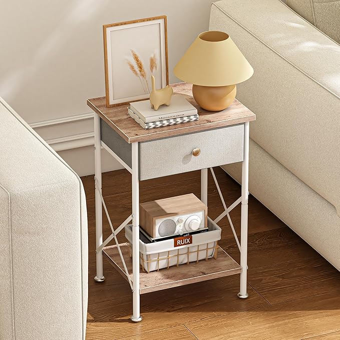 VECELO End Tables, Modern Nightstand with Fabric Drawer & Open Shelf, Night Stand for Bedroom Living Room, Industrial Metal Frame, Easy Assembly, Light Brown,2 Pack