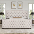 AMERLIFE California King Size Platform Bed Frame, Velvet Upholstered Bed with Deep Button Tufted & Nailhead Trim Wingback Headboard/No Box Spring Needed, Cream