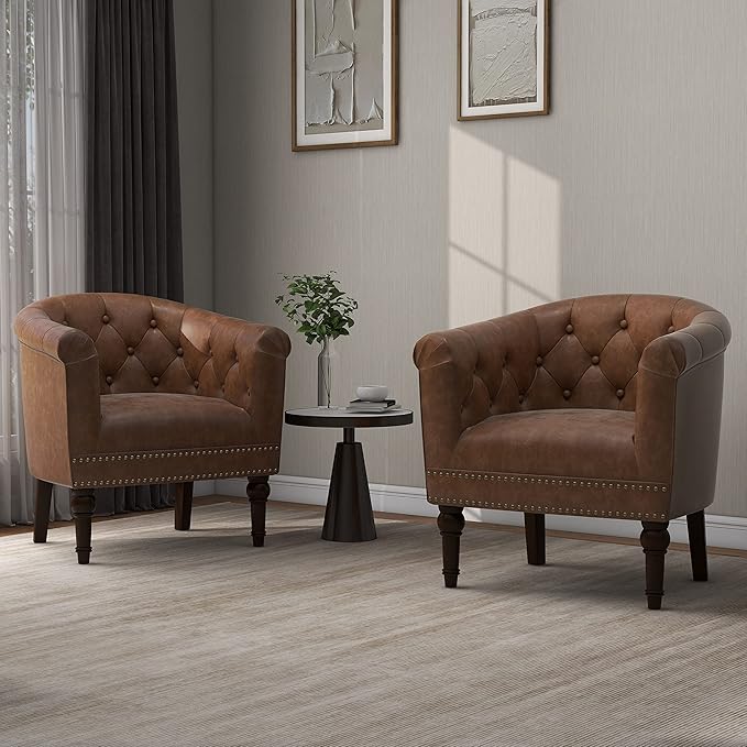 Lumibee Faux Leather Barrel Chairs, Upholstered Accent Chairs Set of 4 for Living Room, Modern Comfy Club Armchairs for Office, Bedroom, Waiting Room-Brown