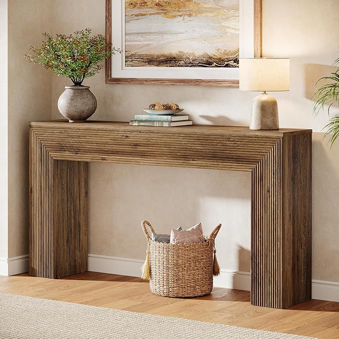 Tribesigns 63" Console Table, Rustic Fluted Long Sofa Table Behind Couch for Entryway, Living Room, Hallway, Foyer, Brown