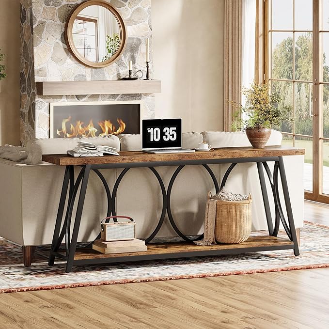 Tribesigns 2 Tiers Narrow Entryway Console Table, 71-Inch Long Industrial Wooden Sofa Table Behing The Couch with Storage Shelf and Metal Frame for Lving Room, Entrane, Hallway, Brown & Black