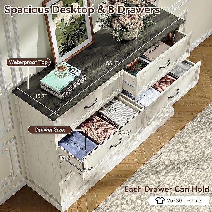 Farmhouse Dresser and Nightstand Sets, 4Pcs Bedroom Furniture Set, Nightstand Set of 2 & 55" Wide 8 Drawer and 44" Tall 5 Drawer Dresser with Large Drawers & Bar Handles, White