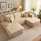 106" Cloud Sectional Couch with L-Shape Chaise & Ottoman, No Assembly Modular Sofa, Deep Seat Plush Corduroy Boneless Couched for Living Room (Beige Plush Corduroy, Right Facing Chaise with Ottoman)