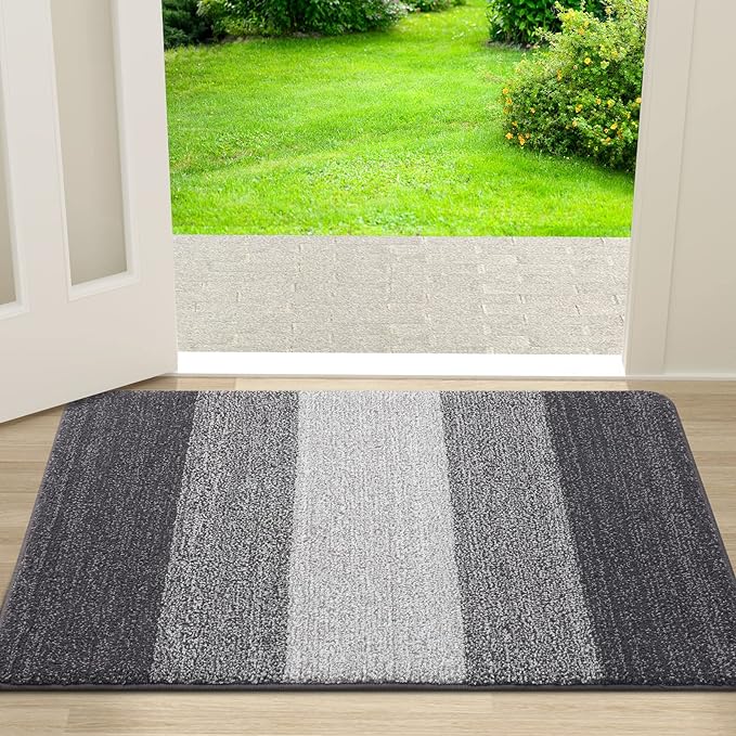 Kitinjoy Indoor Outdoor Door Mat, 30x17 Non-Slip Absorbent Dirt Trapper, Low-Profile Washable Inside Entrance Front Floor Mat, Sturdy Soft Entry Doormats for Entryway, Grey