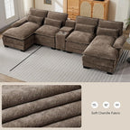U Shaped Sectional Sofa with Storage Console, Cup Holders & USB Ports, Small Modular Cloud Couch with Deep Seats, Modern Comfy Living Room Sofa for Apartment, Chenille Brown