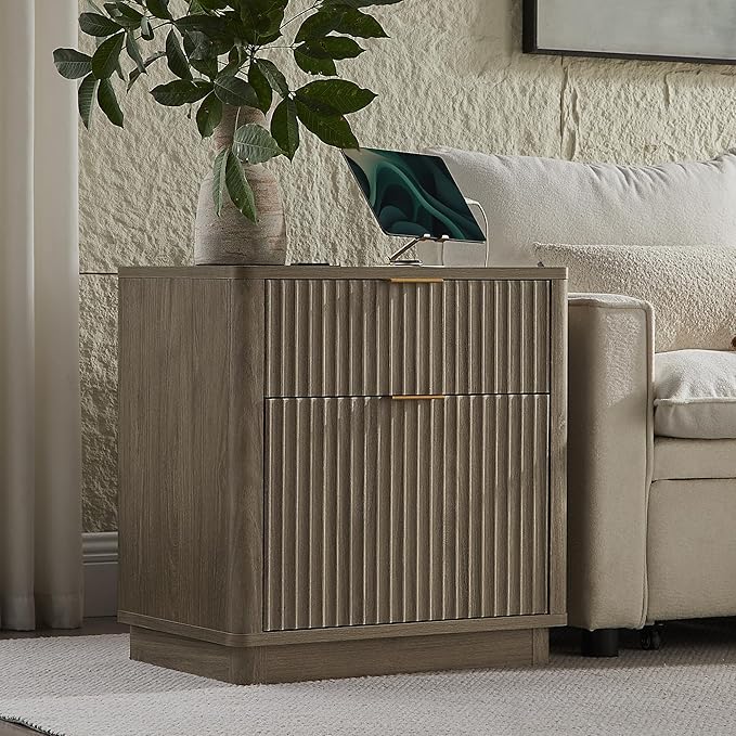 T4TREAM 23'' Fluted Nightstand Set of 2 with Charging Station, Large 2 Drawer Side Table, Modern End Table with Storage, Mid Century Bedside Table for Bedroom, Living Room, Curved Profile, Grey Alder