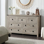 T4TREAM Farmhouse 7 Drawers Tv Stand, Wood Rustic, Storage Dressers Organizer for Bedroom, Living Room,Hallway, Light Rustic Oak