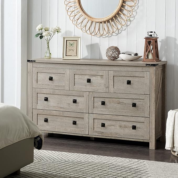 T4TREAM Farmhouse 7 Drawers Tv Stand, Wood Rustic, Storage Dressers Organizer for Bedroom, Living Room,Hallway, Light Rustic Oak