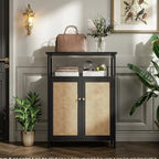 Bamboo Floor Rattan Cabinet, Bathroom Storage Organizer Rack with 2 Doors and 1 Shelf, Space Saving Wood Kitchen Cupboard, Hallway Side Table, Living Room Freestanding Stand (Black)