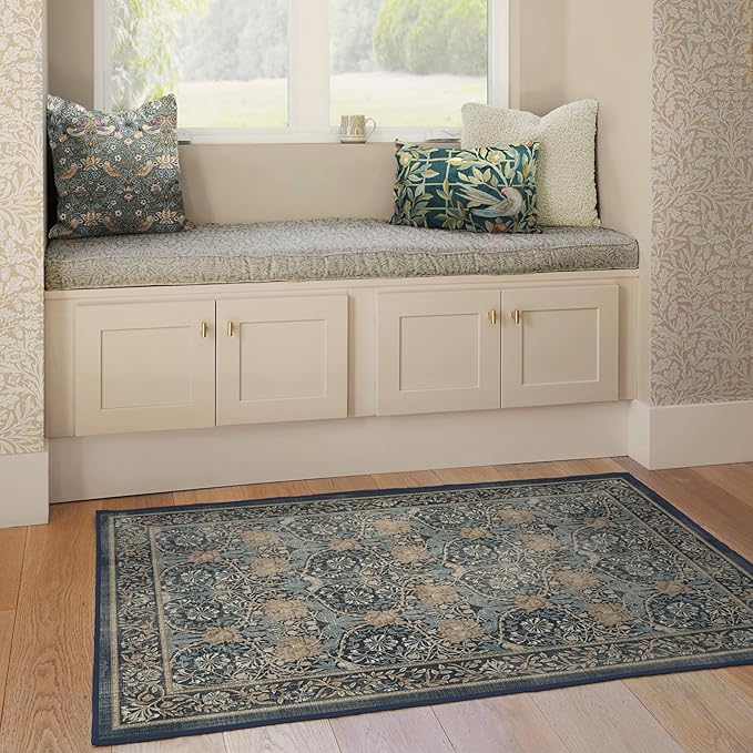 RUGGABLE x Morris & Co Machine Washable Area Rug – Honeysuckle & Tulip Blue 4x6, Stain-Resistant, Non-Slip – Medium Rugs for Living Room, Bedroom, Hallway, Entryway & Office–with Cushioned Pad