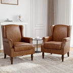 Faux Leather Wingback Accent Chairs Set of 2, High Back Upholstered Armchair, Comfy Fabric Wingback Arms Chairs with Solid Wood Legs, Single Sofa Reading Chair for Bedroom Living Room, Brown
