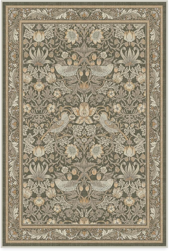 RUGGABLE x Morris & Co Washable Area Rug–Strawberry Thief Stone Gold 4x6, Stain-Resistant, Non-Slip–Medium Machine Washable Rugs for Living Room, Bedroom, Hallway, Entryway & Office–with Standard Pad